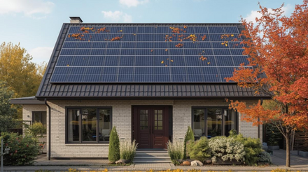 Haus mit Laub auf der PV-Anlage Kleines Wohnhaus mit Laub auf der PV-Anlage