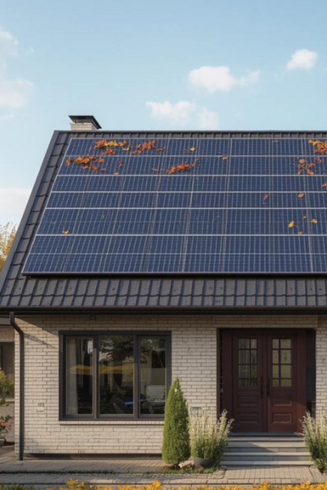 Kleines Wohnhaus mit Laub auf der PV-Anlage