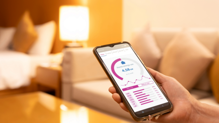 Photovoltaik: Hand hält ein Smartphone. Auf dem Display wird der Stromverbrauch mittels Grafik visualisiert
